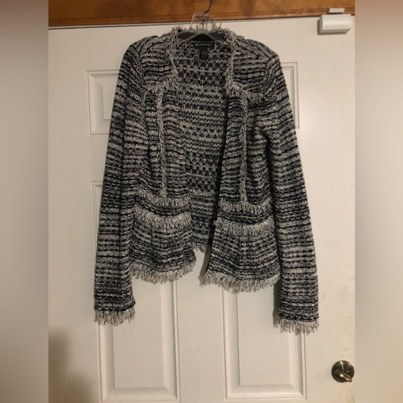 INC Cardigan Tweed Bouclé Jacket Fringe Detail Black and White Womens Size Large - Picture 8 of 8